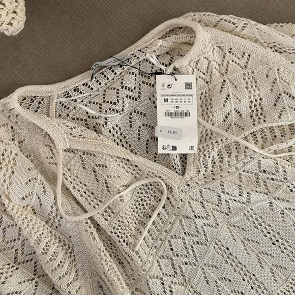NWT ZARA Crochet Maxi Dress Sheer Open Knit Long Sleeve Beach Cover Up Dress M - Picture 2 of 6